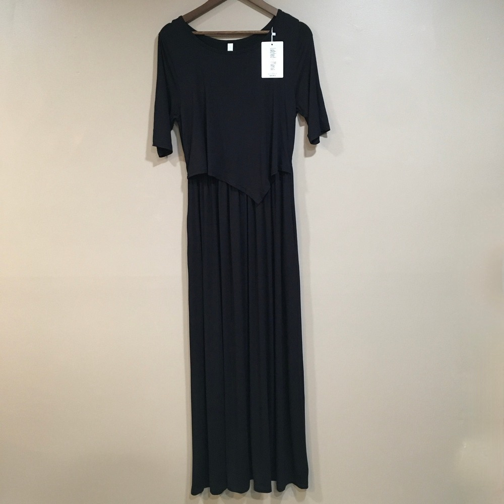 Latched Mama Nursing Maxi Dress Womens L Black Minimalist Capsule Asymmetric